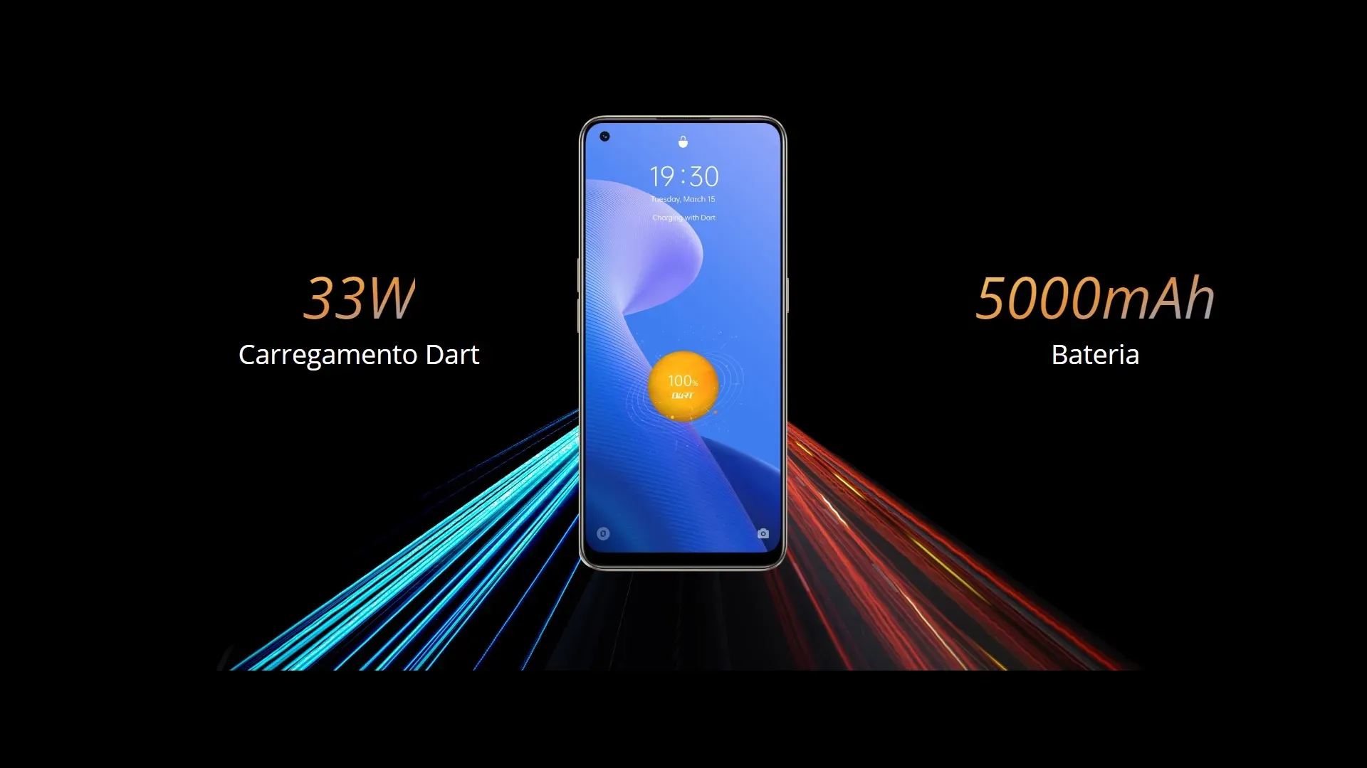 Realme 9 ao centro com informações do tamanho e tipo de carregamento ao seu lado