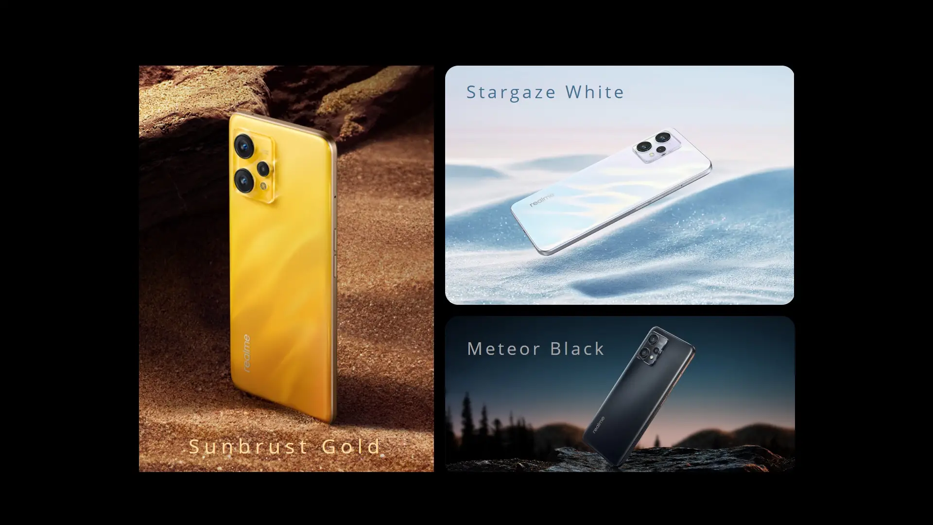 Três versões em diferentes cores do Realme 9 com paisagens nas suas cores ao fundo