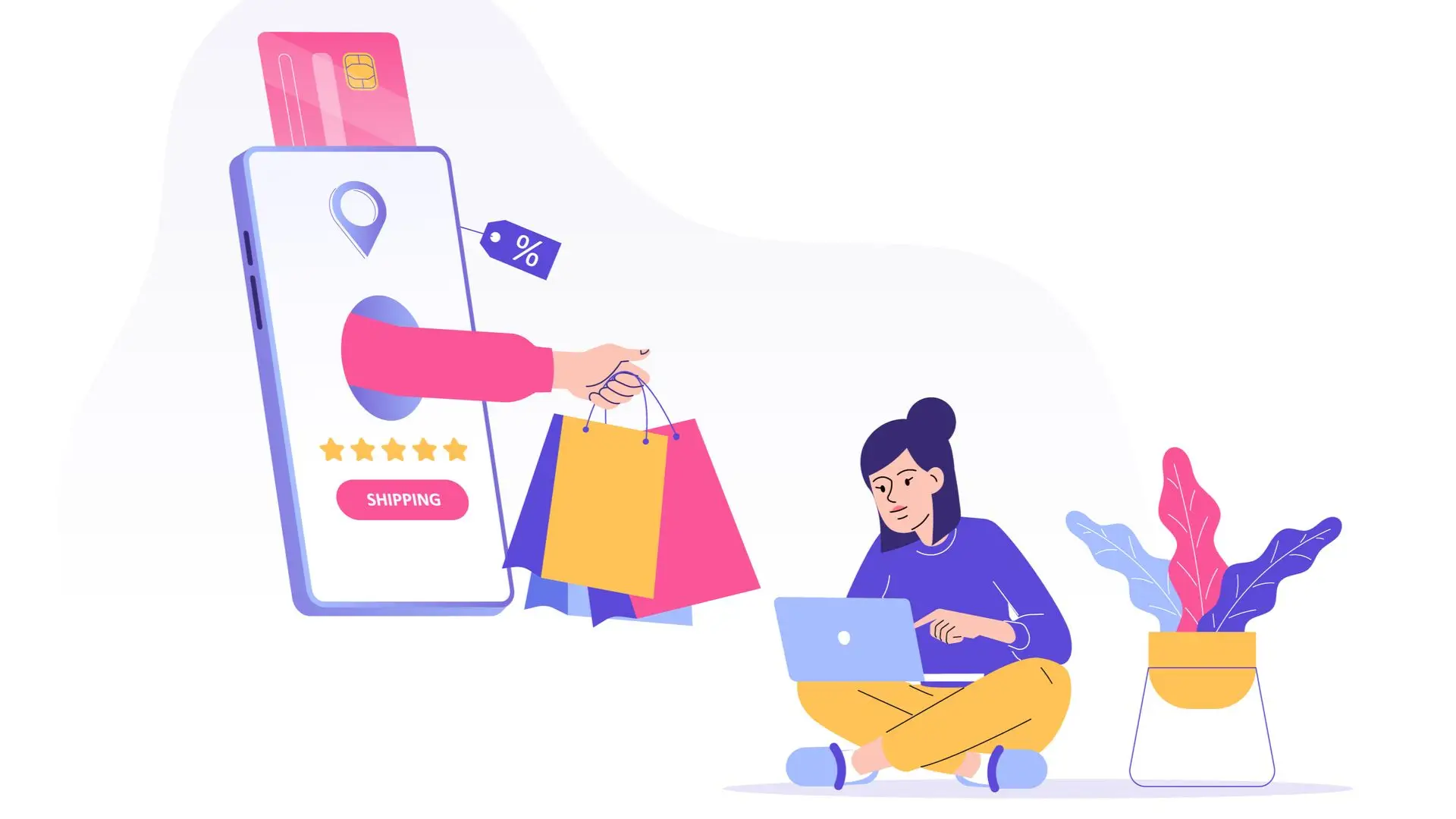 Ilustração mostrando mulher comprando online