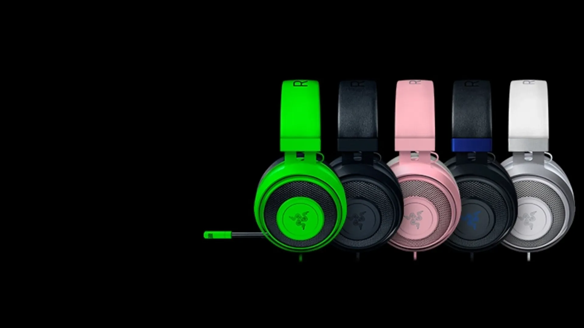 A imagem apresenta diversos modelos do Razer Kraken, mas com cores diferentes.