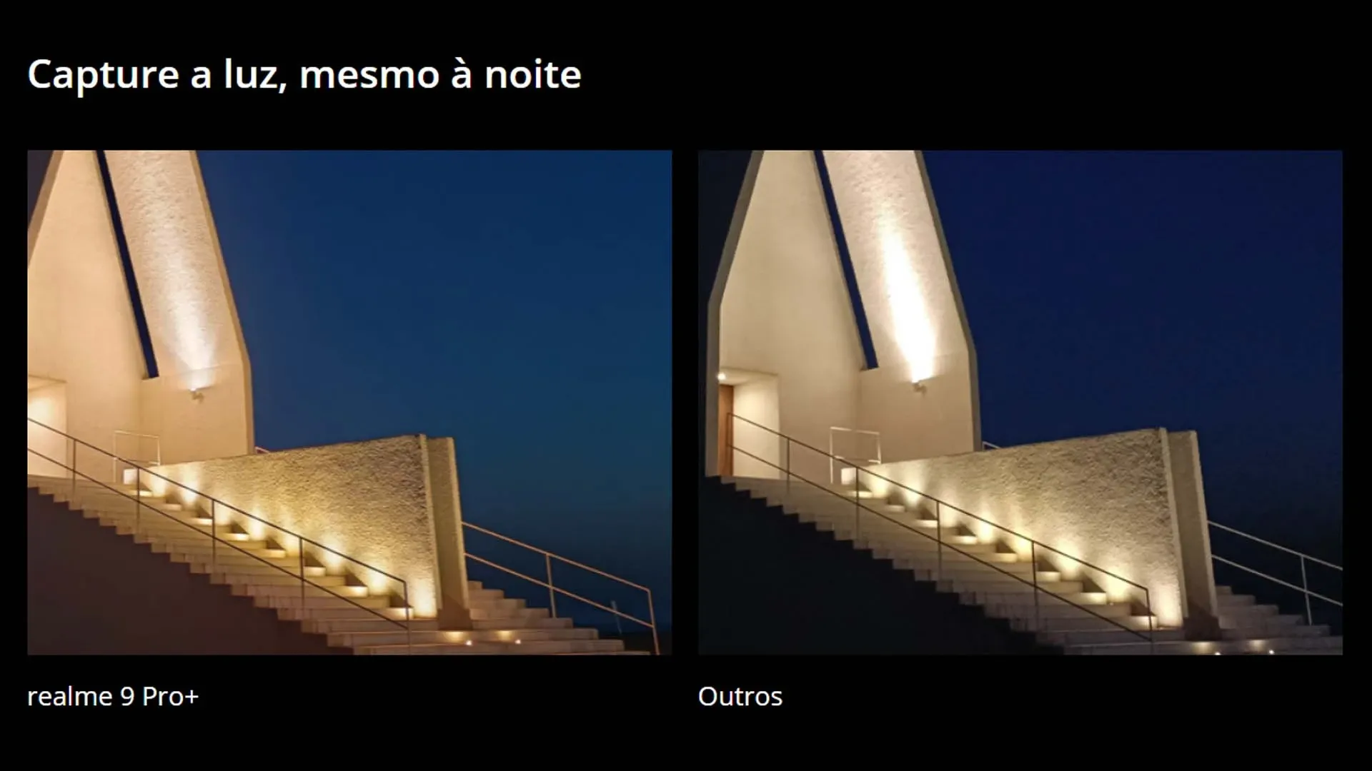 Imagem com um comparativo entre duas fotos para mostrar o modo noturno do celular Realme