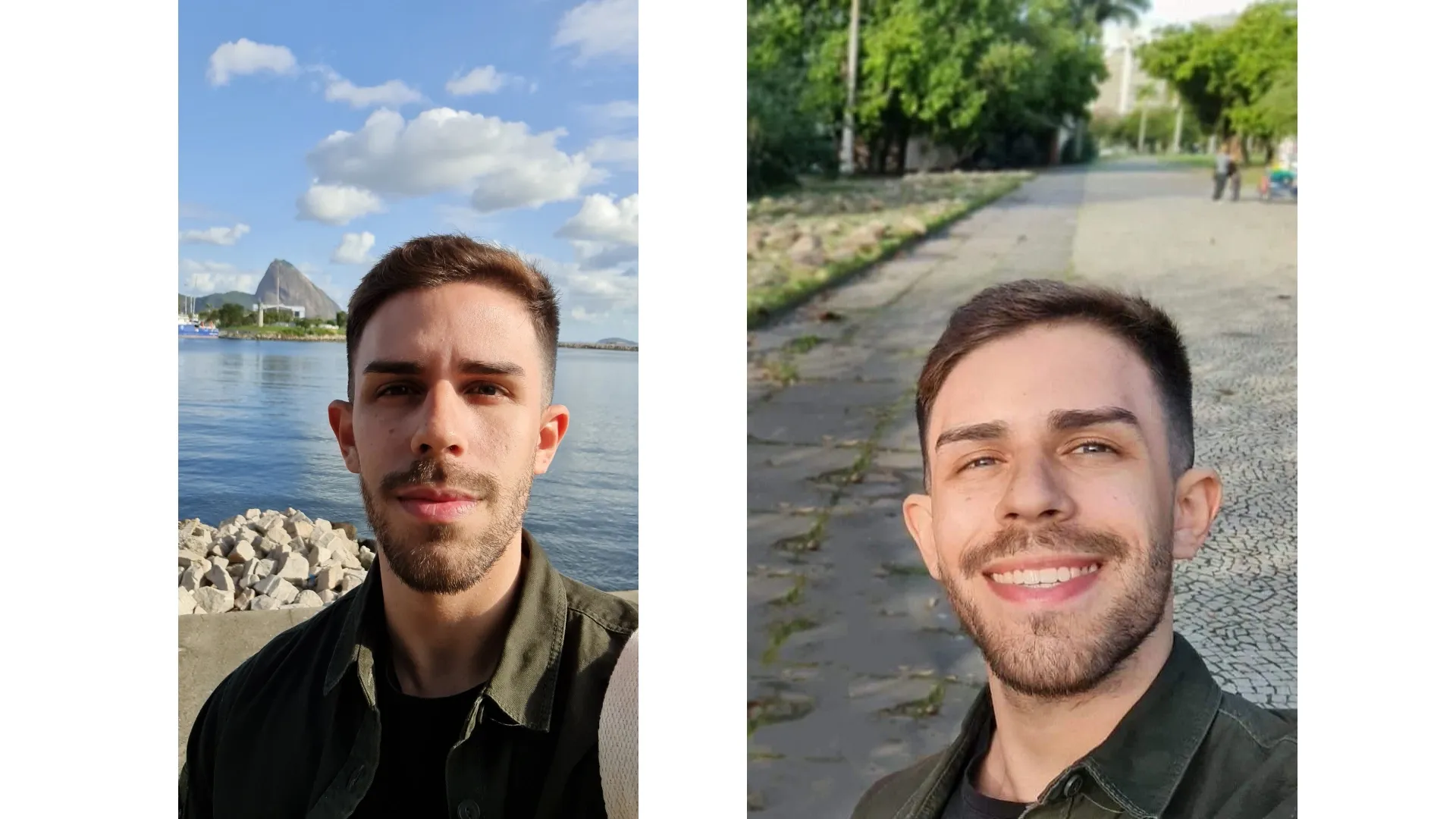 Duas selfies de homem branco feitas com um Galaxy Note 20 Utra