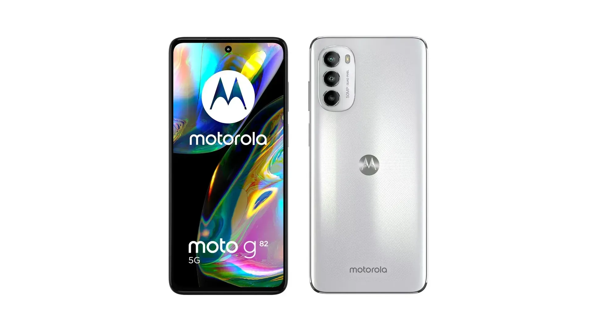 Traseira do Moto G82 5G ao lado da sua tela em fundo branco