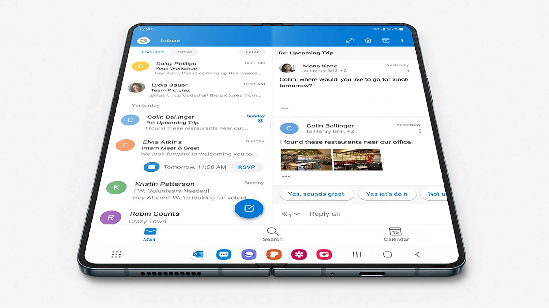 Galaxy Z Fold 4 aberto com e-mail aberto