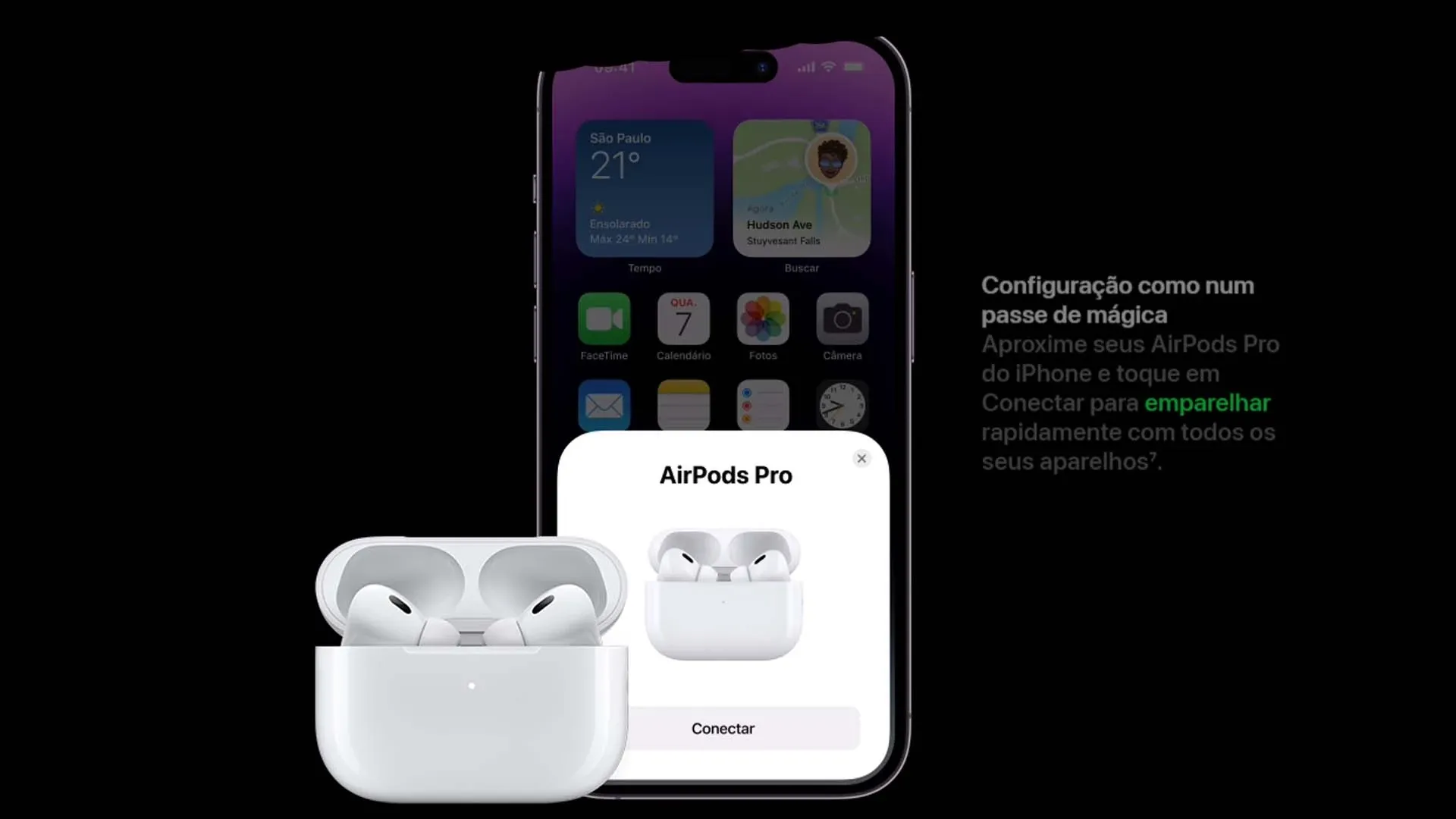Imagem que ilustra a conexão do novo AirPods Pro com um iPhone
