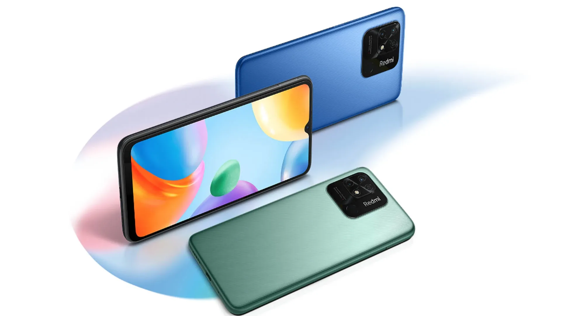 Imagem com três celulares Redmi 10C para mostrar seus designs