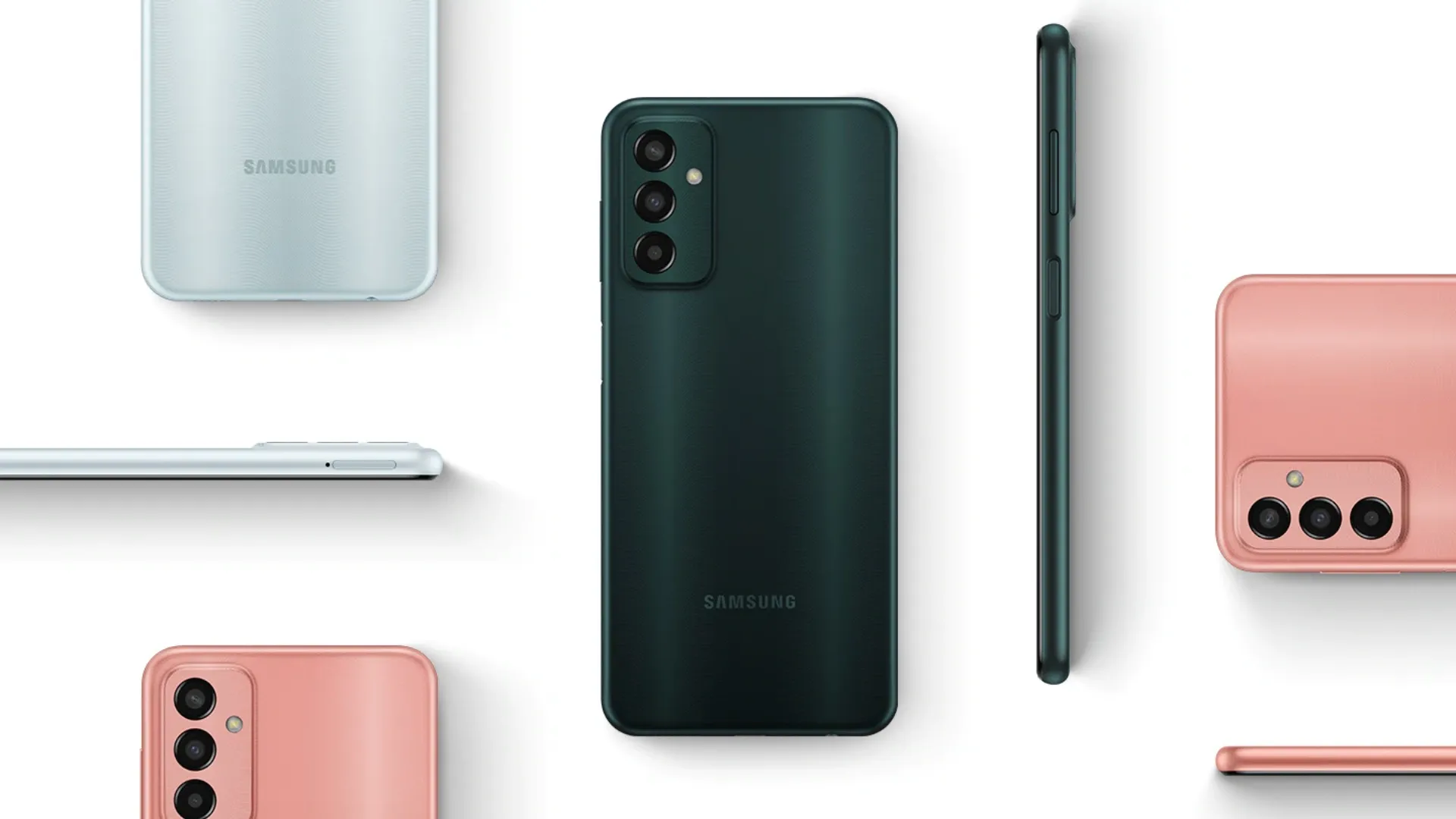 Aparelhos Samsung Galaxy M13 em diferentes cores e posições.