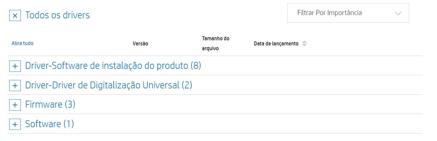 A imagem mostra diversas categorias de driver HP.