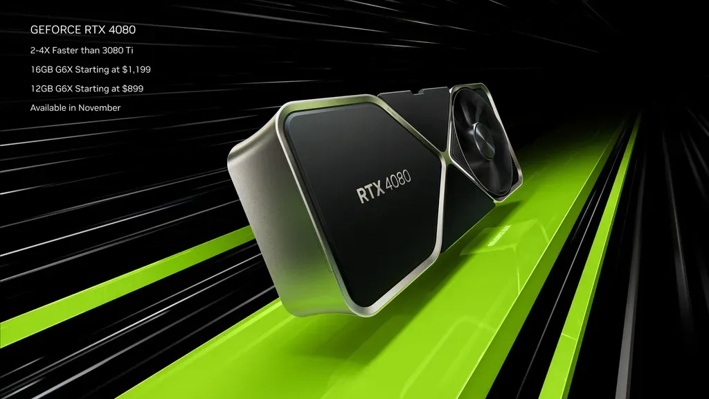 A imagem promocional destaca a RTX 4080 com alguns efeitos verdes ao seu redor.