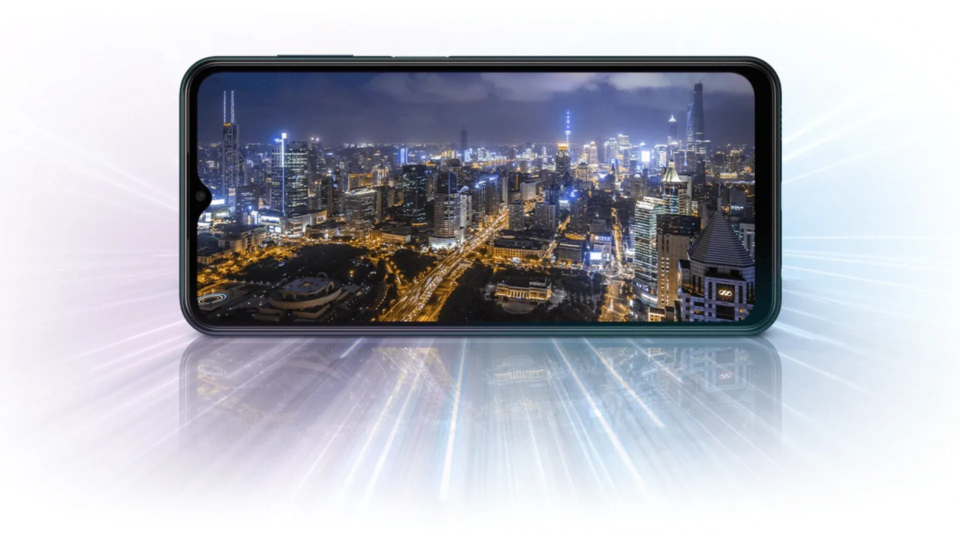  Celular Samsung Galaxy M13 exibindo uma imagem de uma cidade.