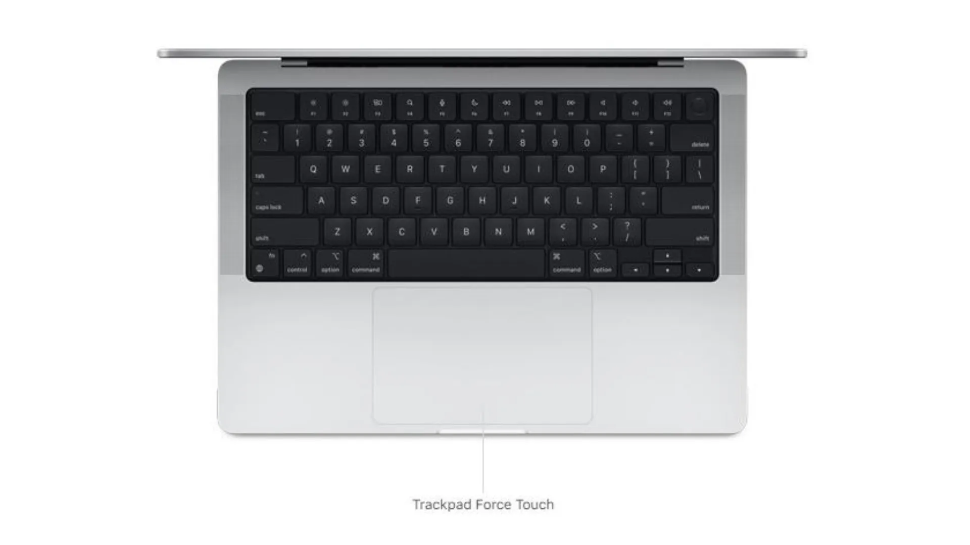 Um MacBook Pro aberto visto de cima, com o teclado e trackpad destacados.