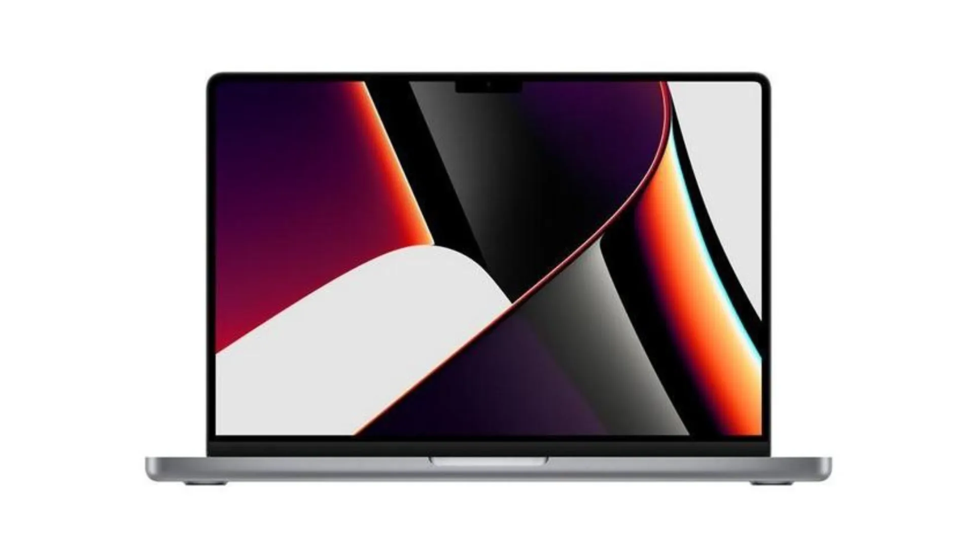 Um MacBook Pro aberto de frente sobre um fundo branco.