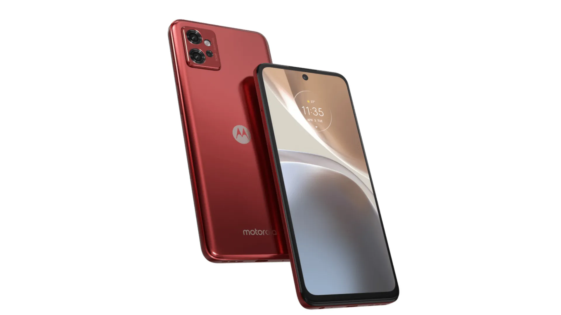 Um Moto G32 virado de frente encostado num virado de costas sobre um fundo branco.