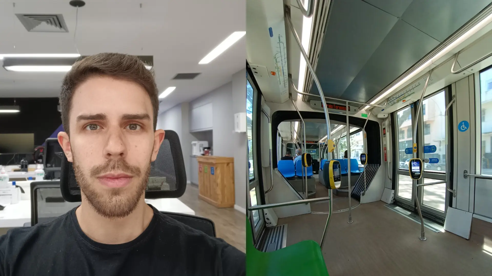 Foto de homem branco sério de um lado, e imagem de interior de um metrô na direita