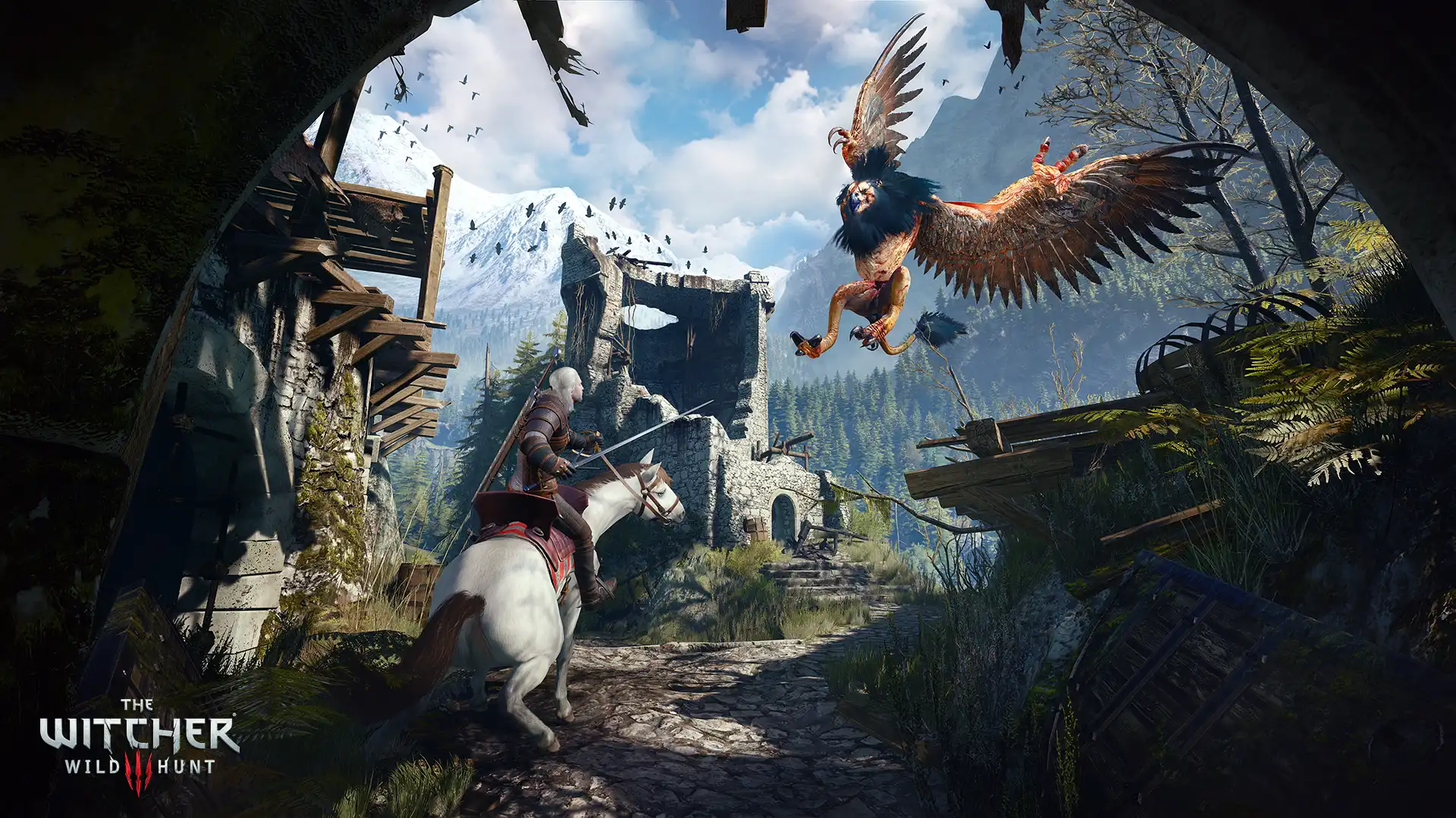Tela do jogo The Witcher 3, mostrando o protagonista montado em um cavalo acizentando enfrentando um grifo em perto de uma construção abandonada