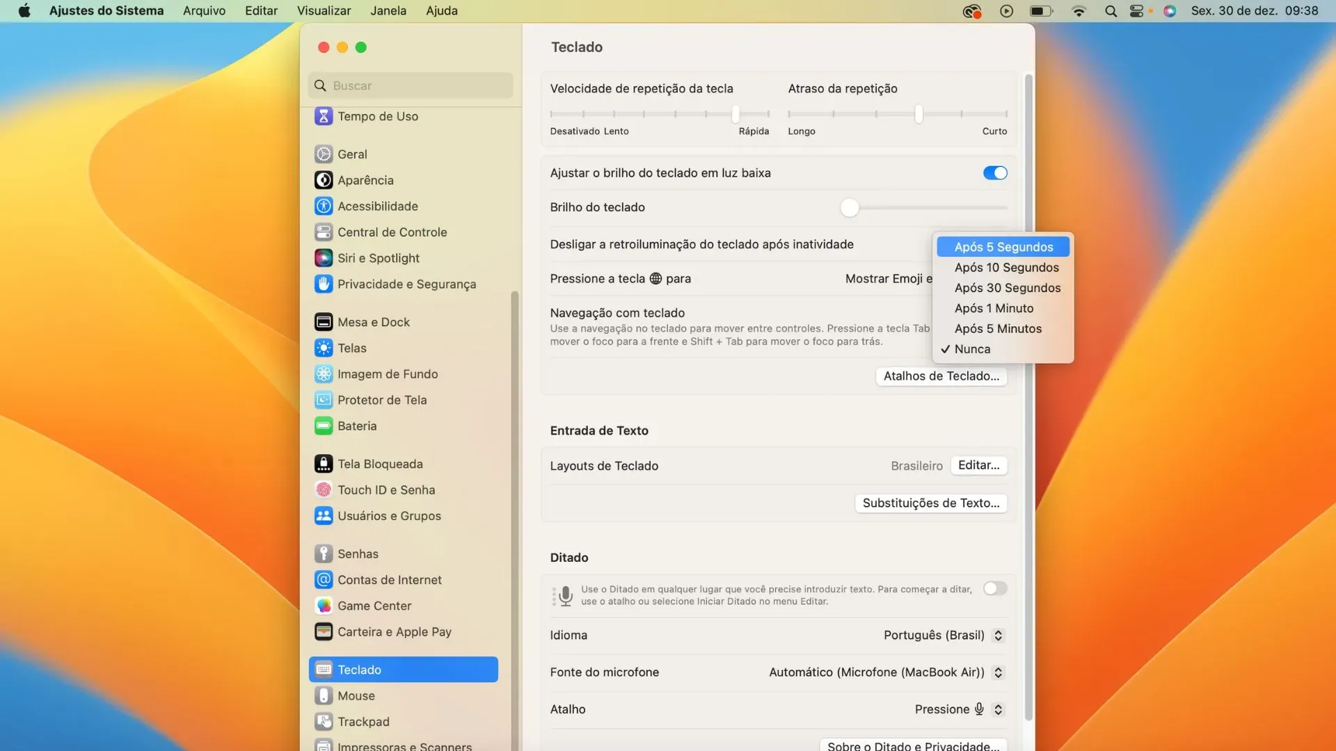 Foto mostra o print da tela do MacOS com opções para diminuir a luminosidade do teclado do Macbook