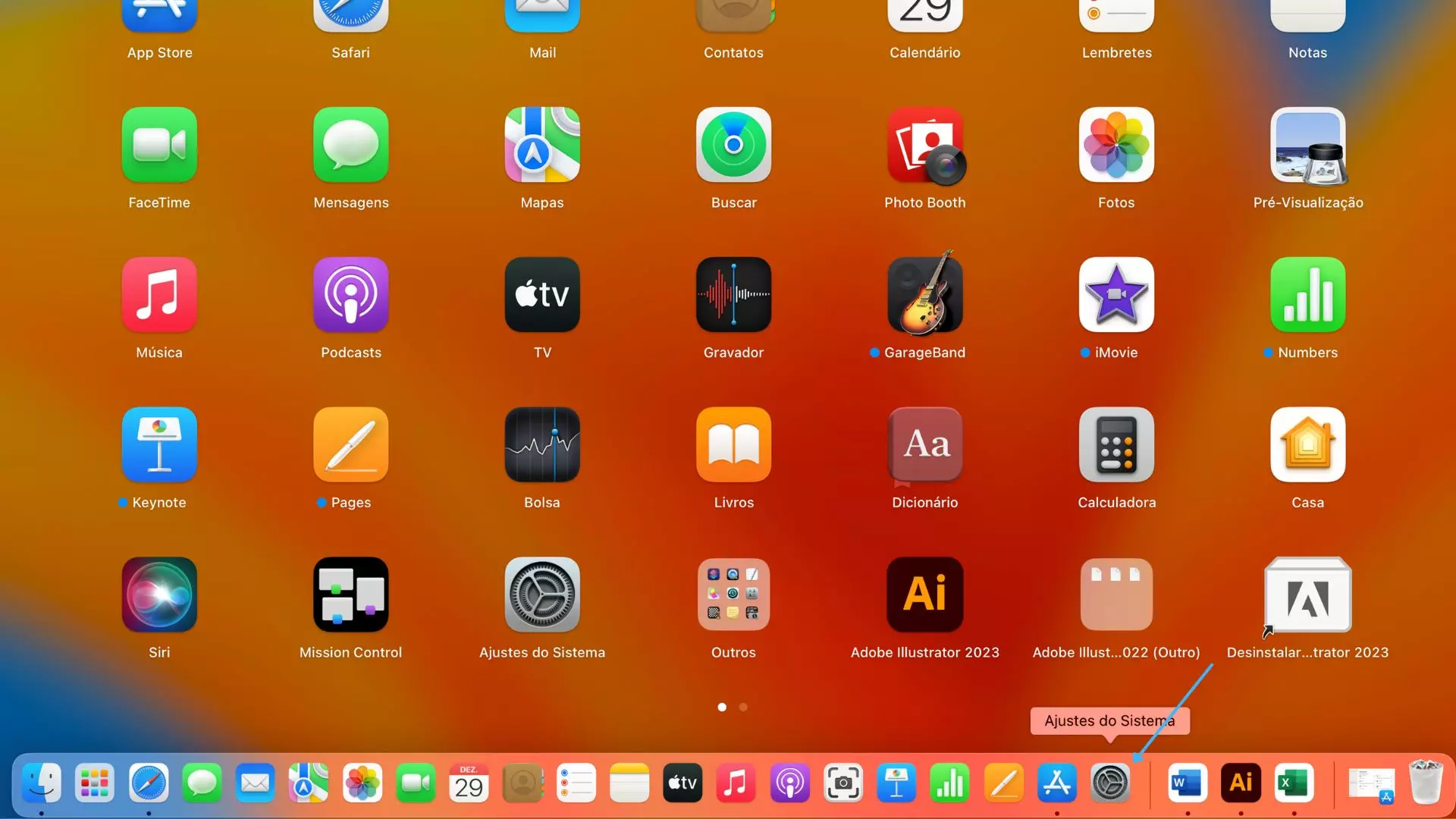 Foto mostra o print da tela principal do Macbook com diversas opções de aplicativos e softwares