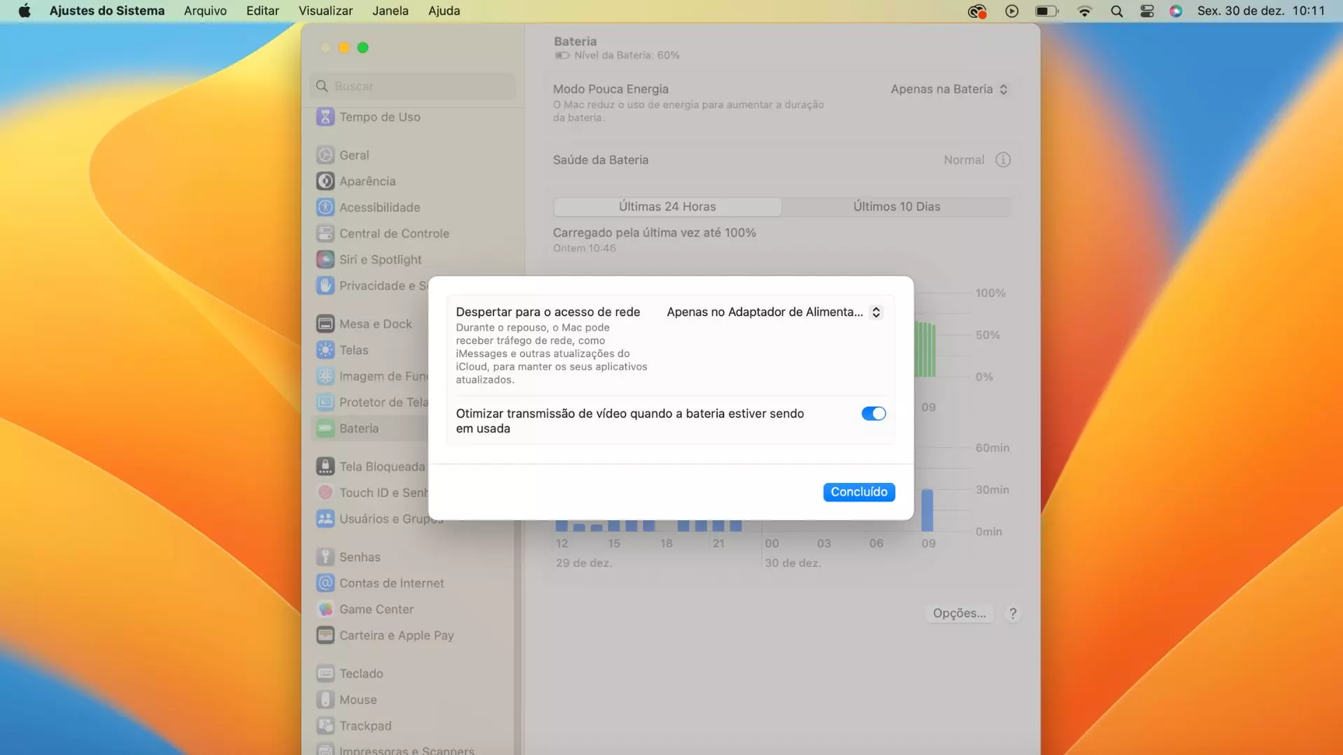 Foto mostra print da tela mostrando como otimizar transmissão de vídeo e preservar a bateria Macbook