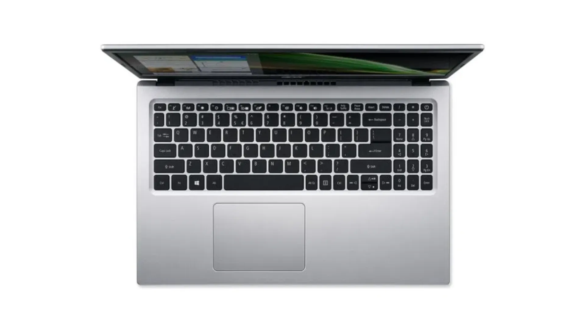 Um notebook Acer aberto visto de cima sobre um fundo branco.