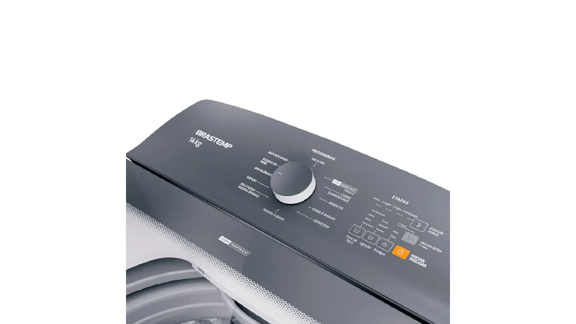 Painel da máquina de lavar Brastemp 14 Kg BWK14AB mostrando seus ciclos