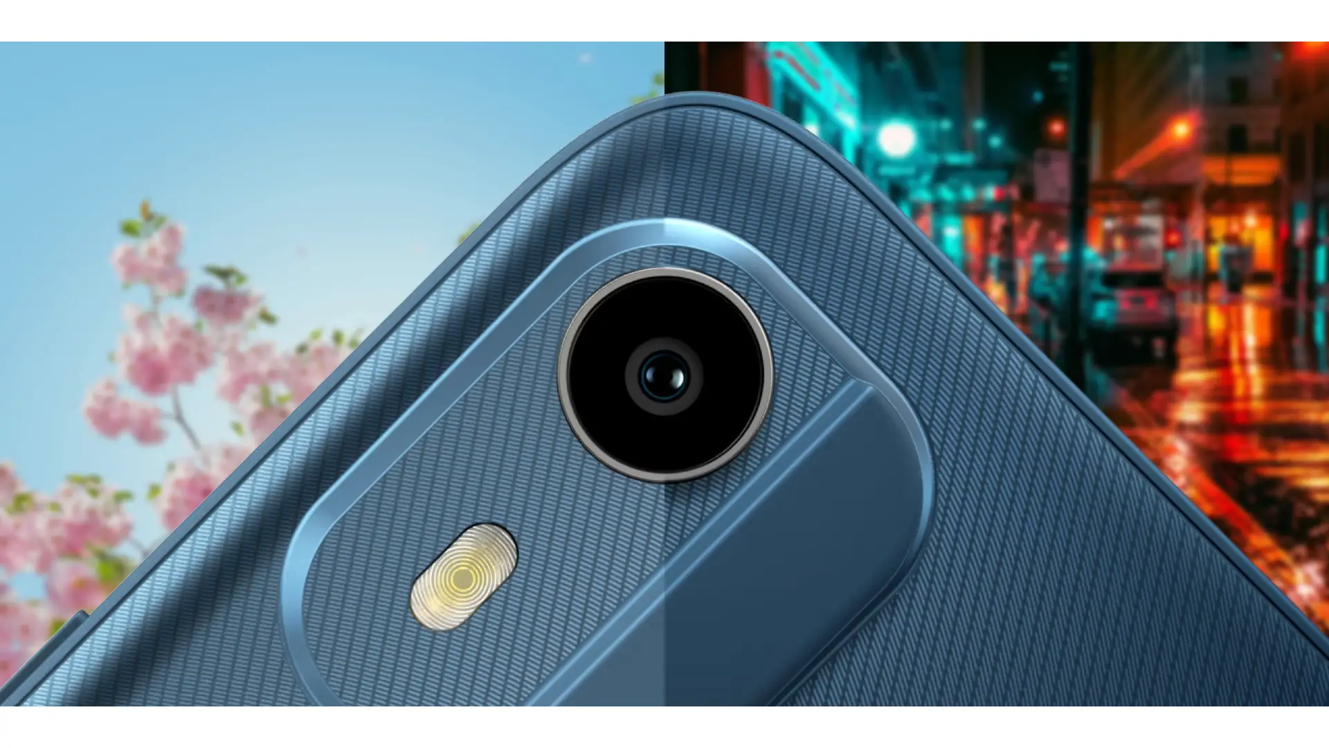 Câmera traseira do celular Nokia C12 ao centro cercado por duas imagens diferentes