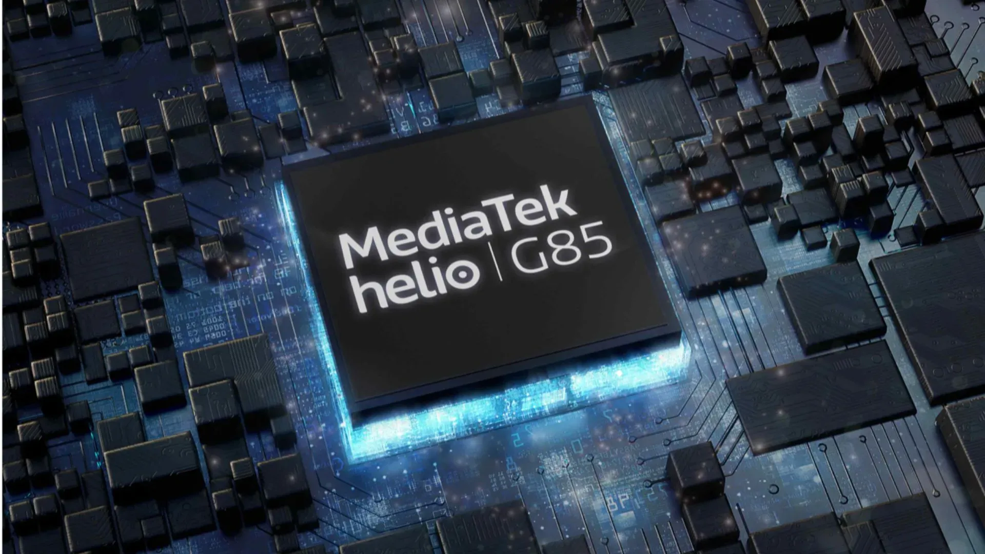 Um chip modelo Media Tek Helio G85 de cor preta tem um fundo luminoso azul