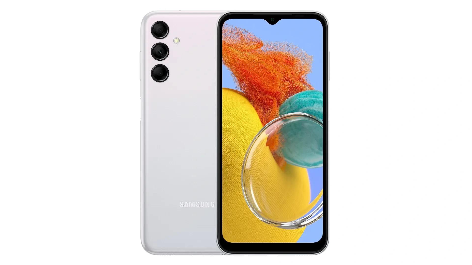 Foto mostra conjunto de câmera tripla na traseira do celular Galaxy M14