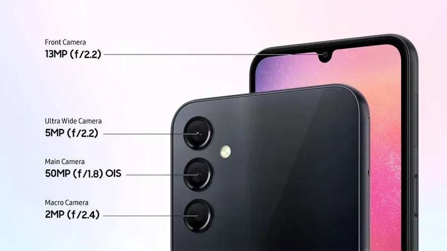 Conjunto triplo de câmeras do Galaxy A24 com a capacidade de cada uma 