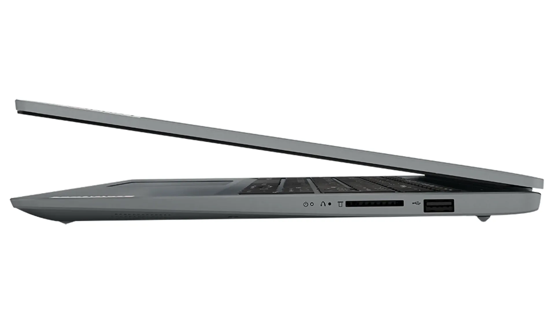 Imagem lateral de um Lenovo IdeaPad 1 semi-aberto, com foco nas entradas laterais.