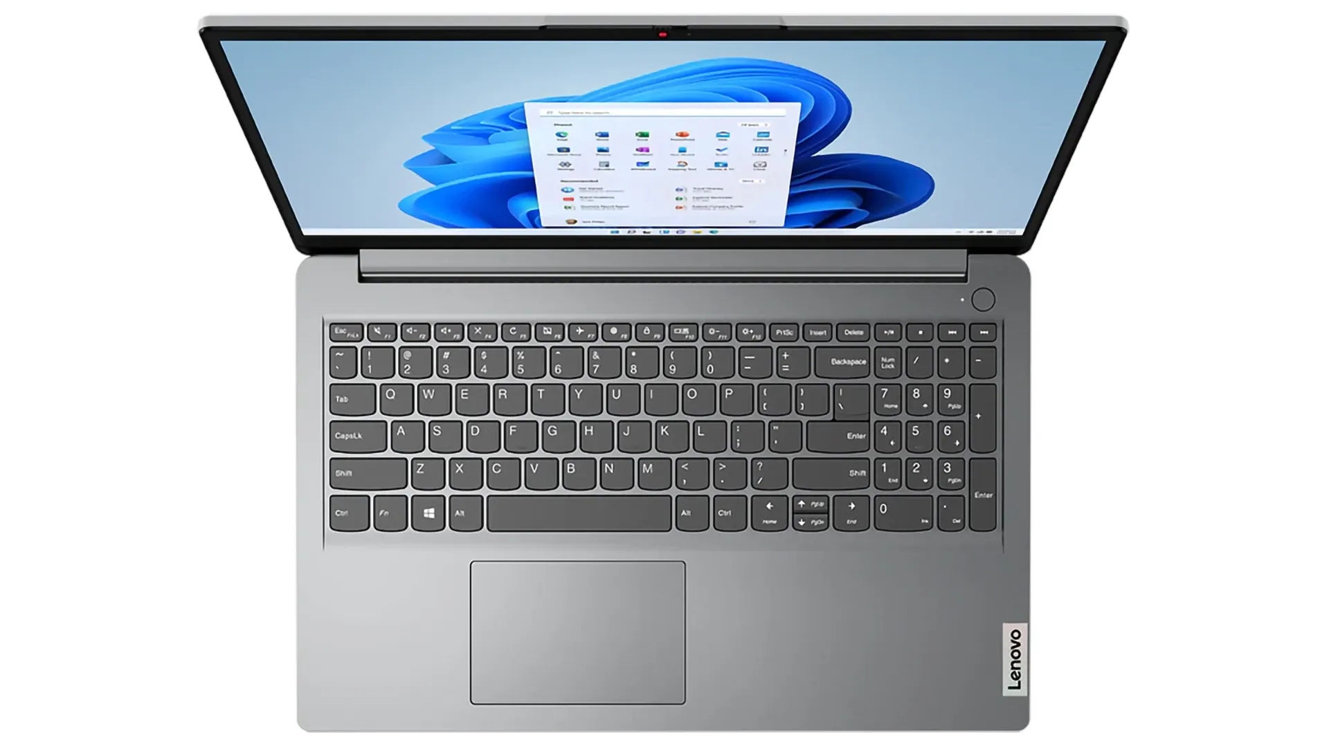 Imagem superior de um Lenovo IdeaPad 1 aberto, com tela ligada.