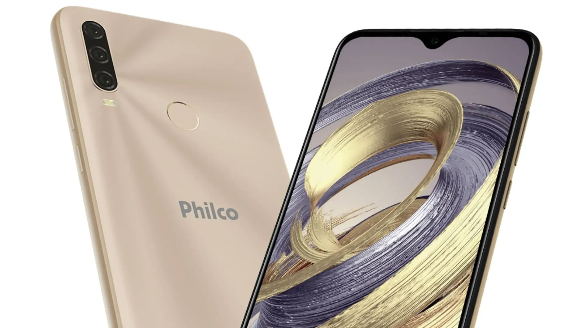 Dois telefones de cor dourada estão lado a lado em frente a um fundo branco