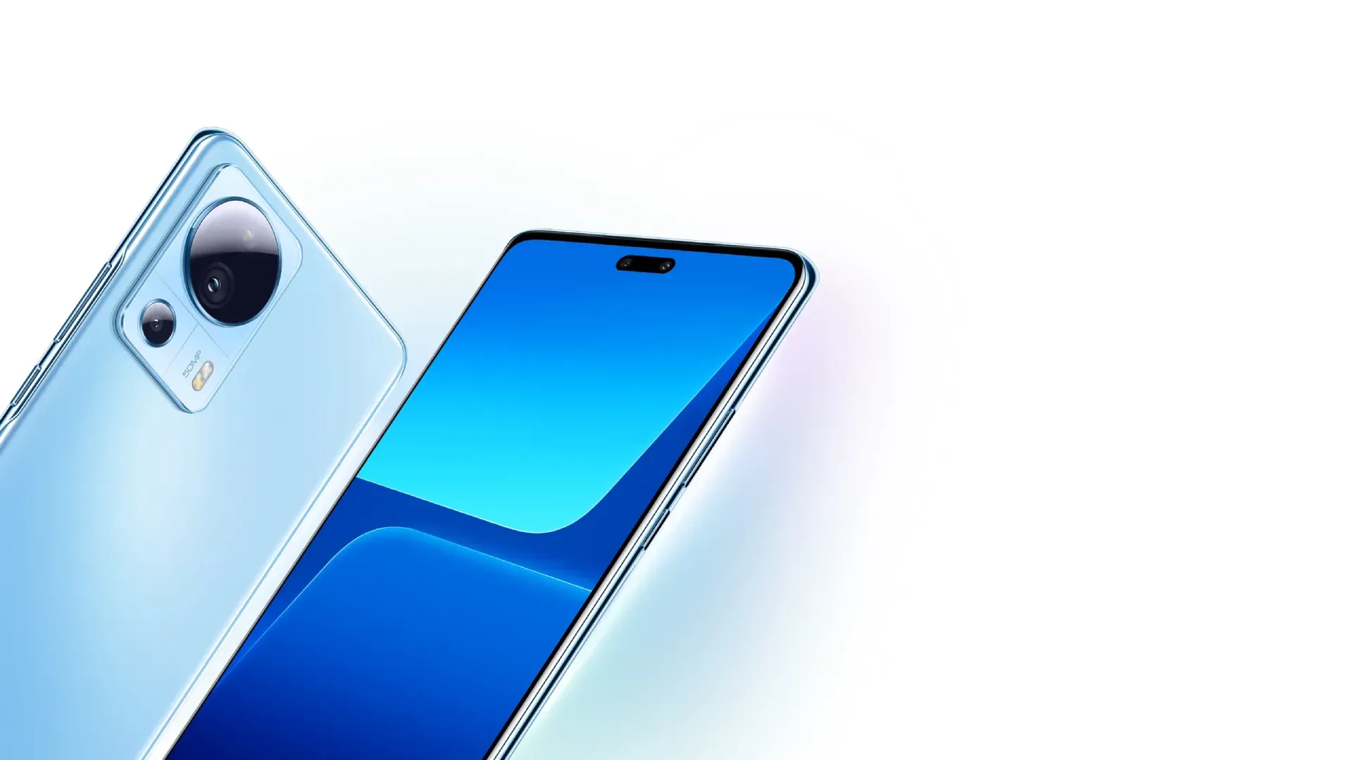 Traseira do Xiaomi 13 Lite ao lado de sua tela em fundo branco