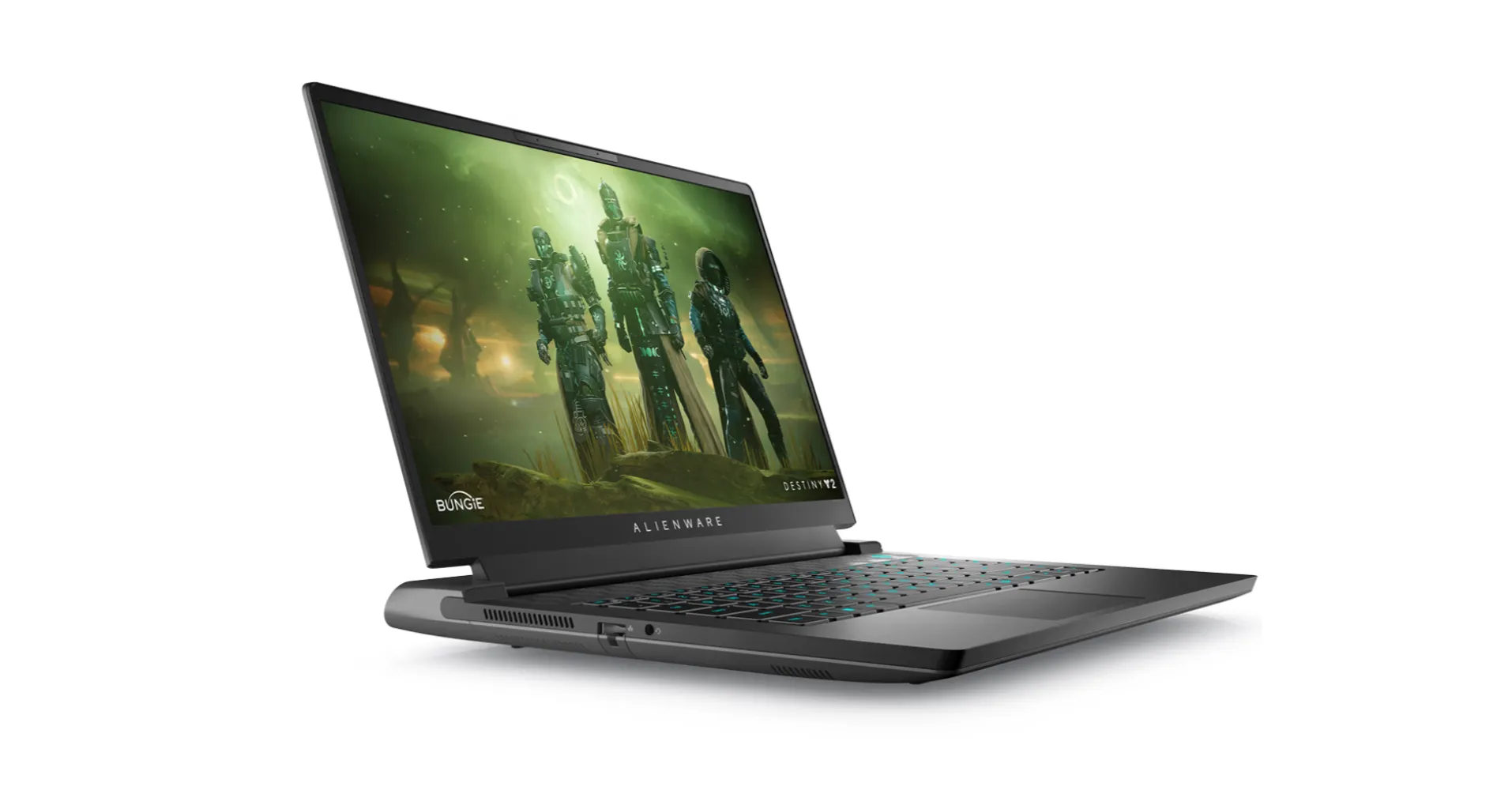 Notebook Gamer Alienware M15 R7 visto de lado com imagem do jogo Destiny na tela