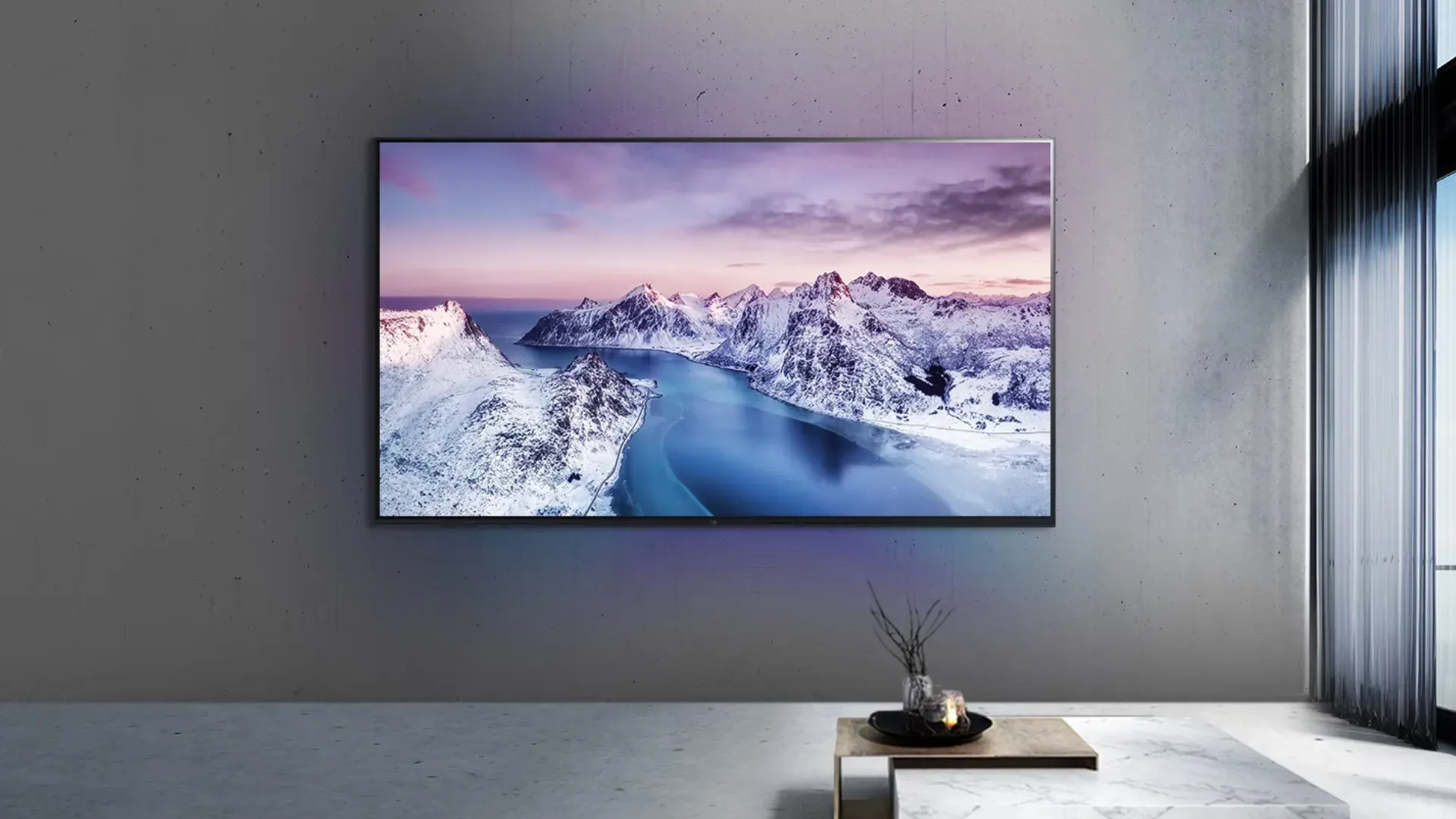 TV LG Thinq AI pendurada na sala de parede cinza
