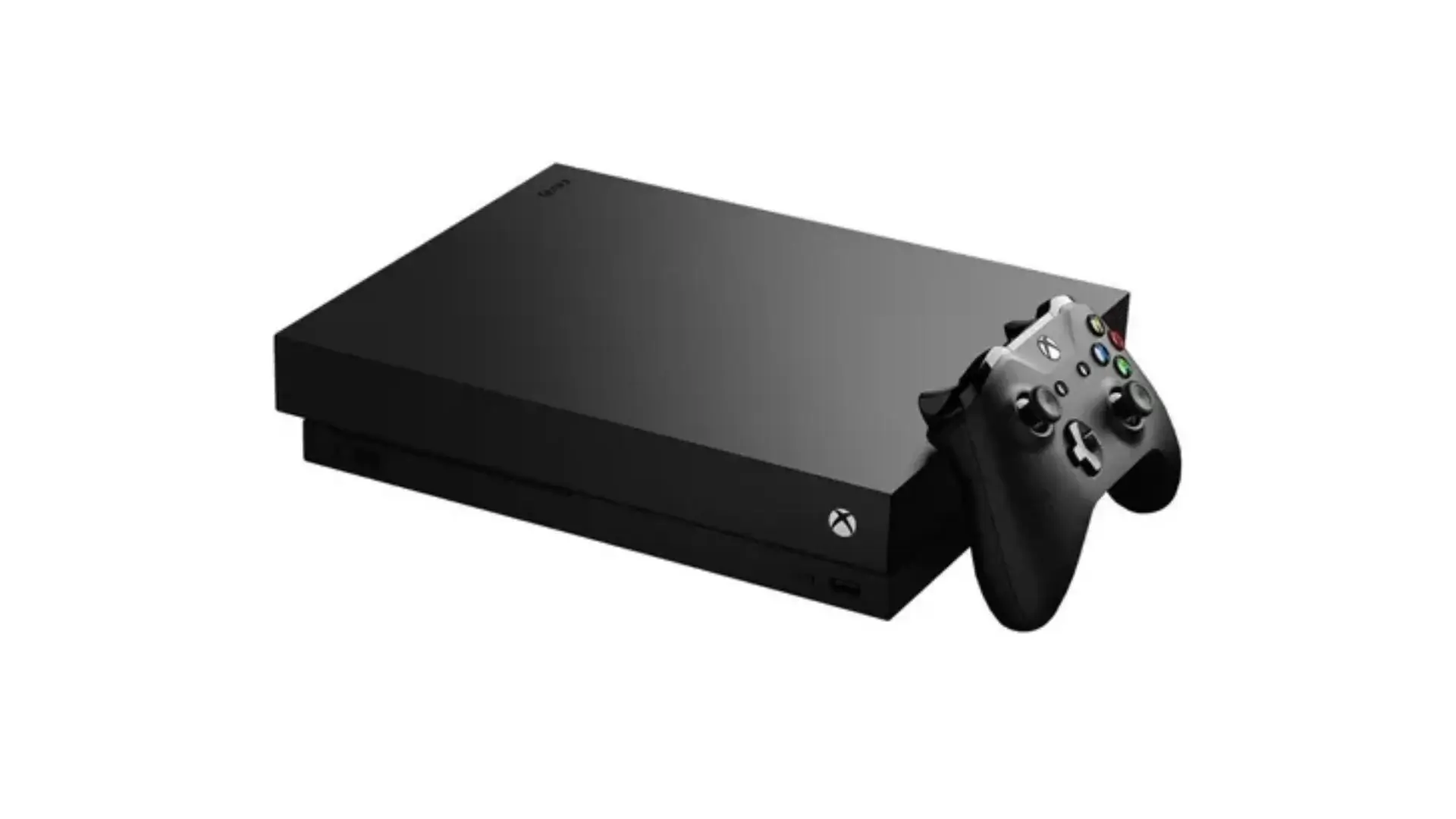 Console e controle do Xbox One X pretos em fundo branco