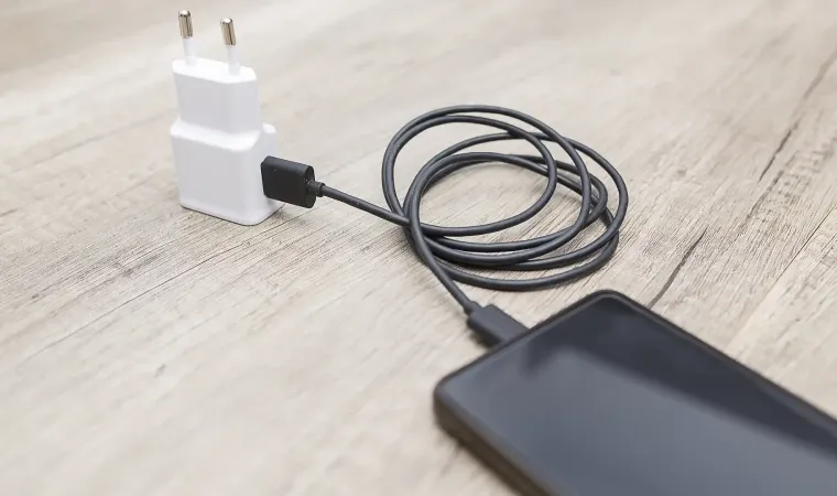 Carregador de celular branco e cabo USB preto carregando aparelho