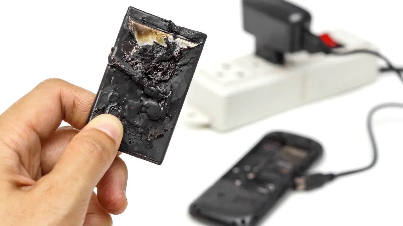 Mão segurando uma bateria de celular que explodiu