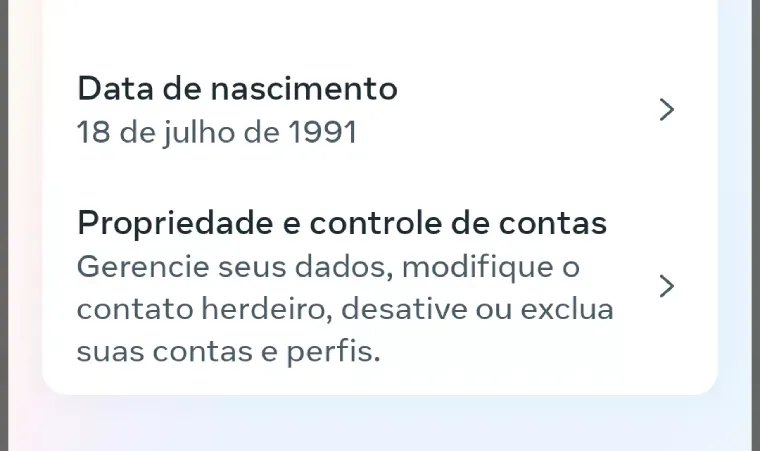 Tela de Propriedade e controle de contas do app do Instagram