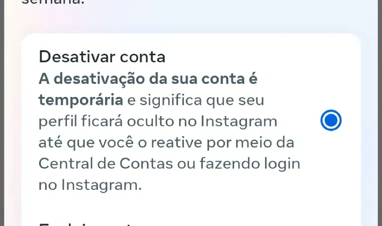 Tela de desativação de conta do app do Instagram