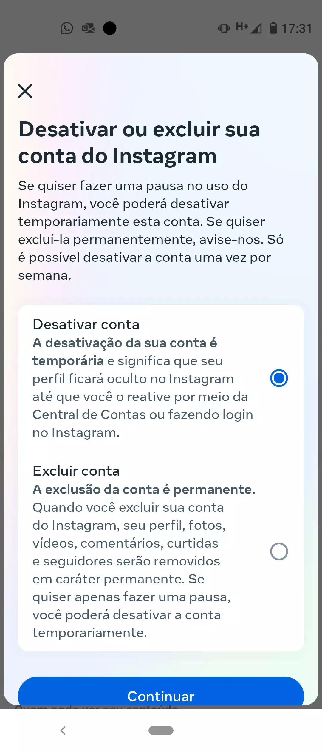Captura de tela do menu de desativação de conta do Instagram