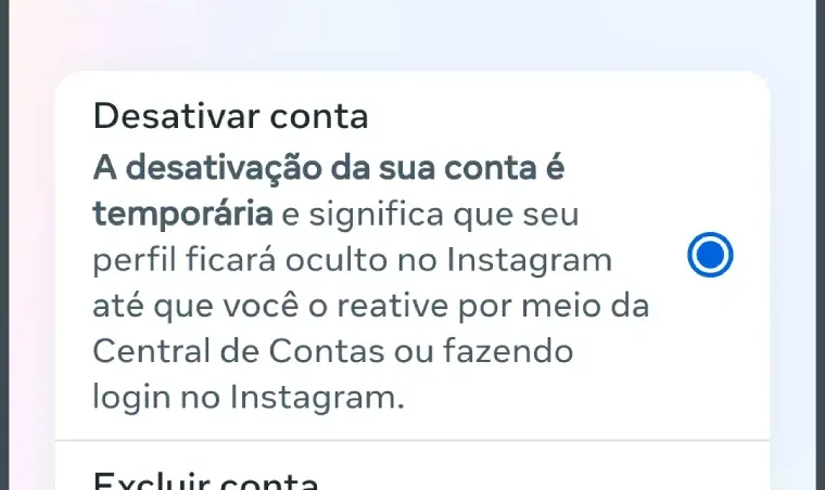 Tela de desativação de conta no Instagram para navegadores