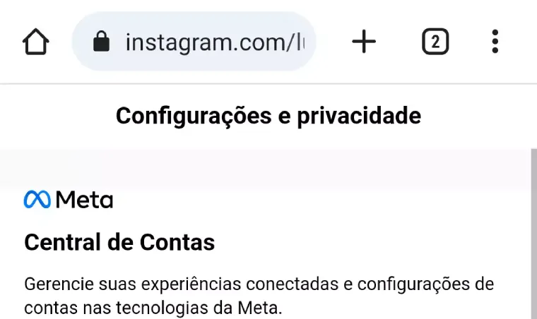 Tela de configurações do Instagram pelo navegador de celular