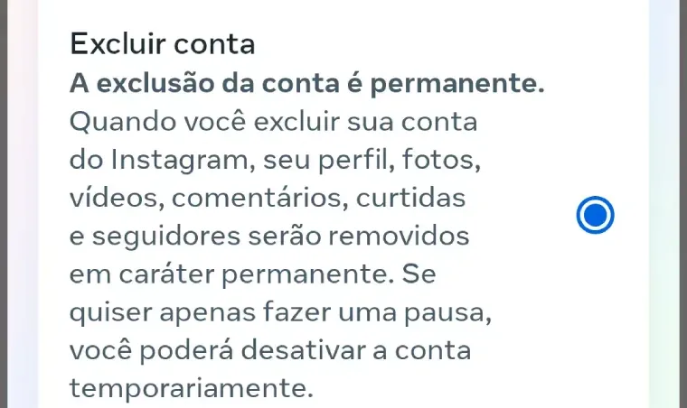 Tela de exclusão de conta do Instagram no aplicativo