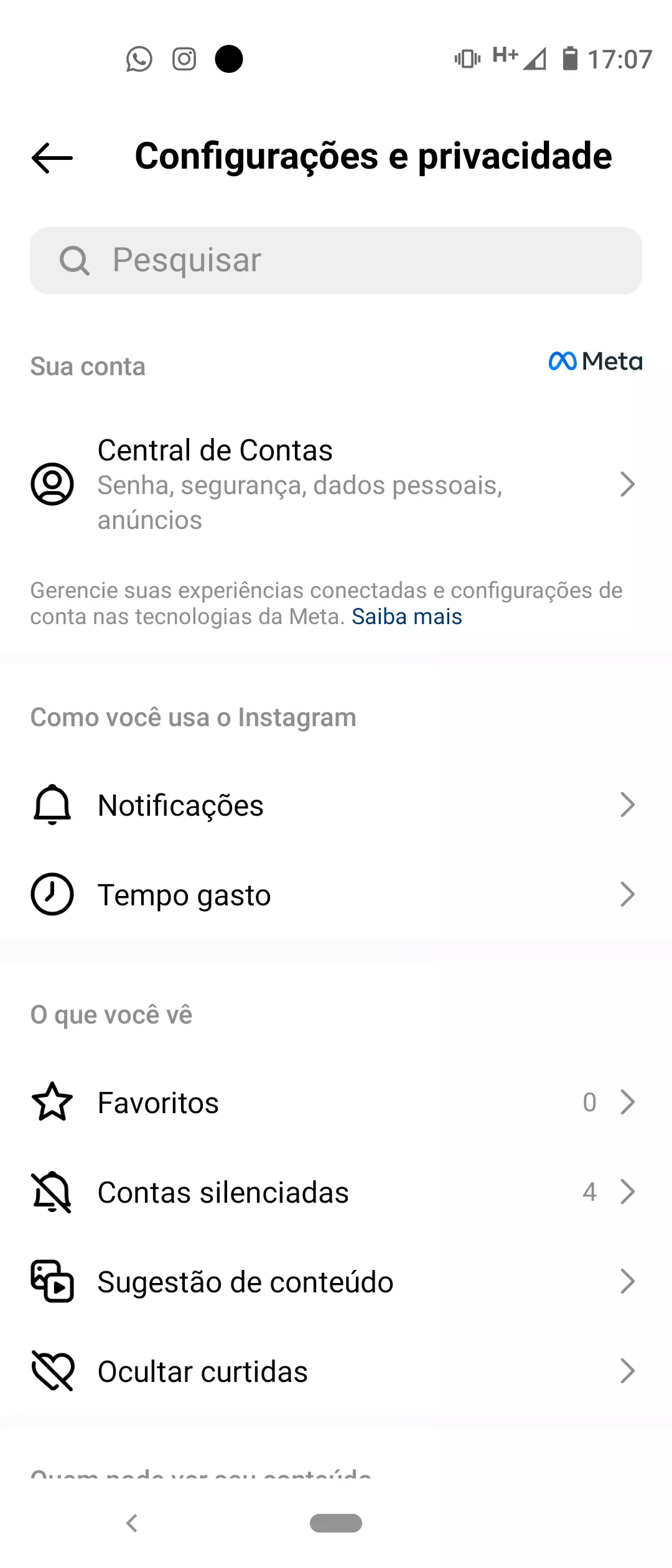 Captura de tela do menu de Configurações e privacidade do aplicativo do Instagram