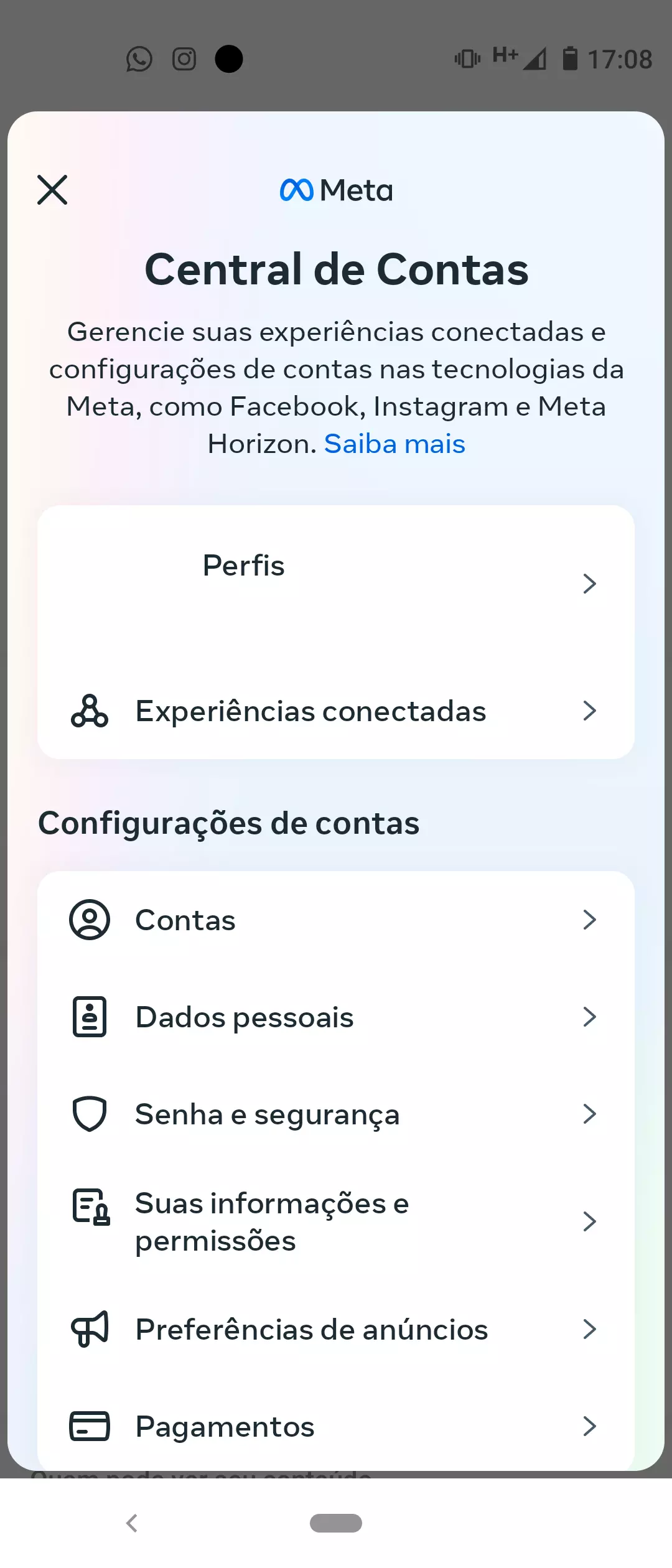 Captura de tela do menu de Central de Contas do Instagram pelo aplicativo