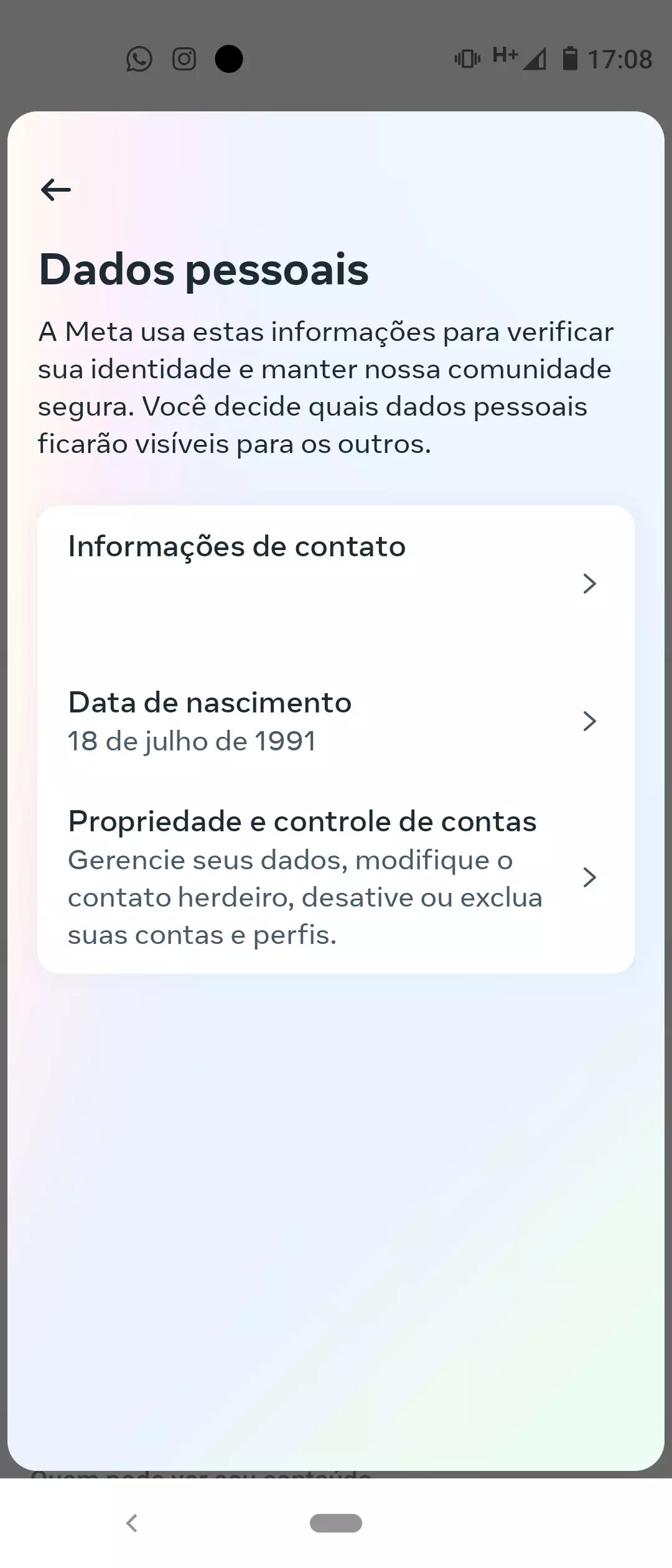 Captura de tela da página de exclusão de contas do Instagram via aplicativo
