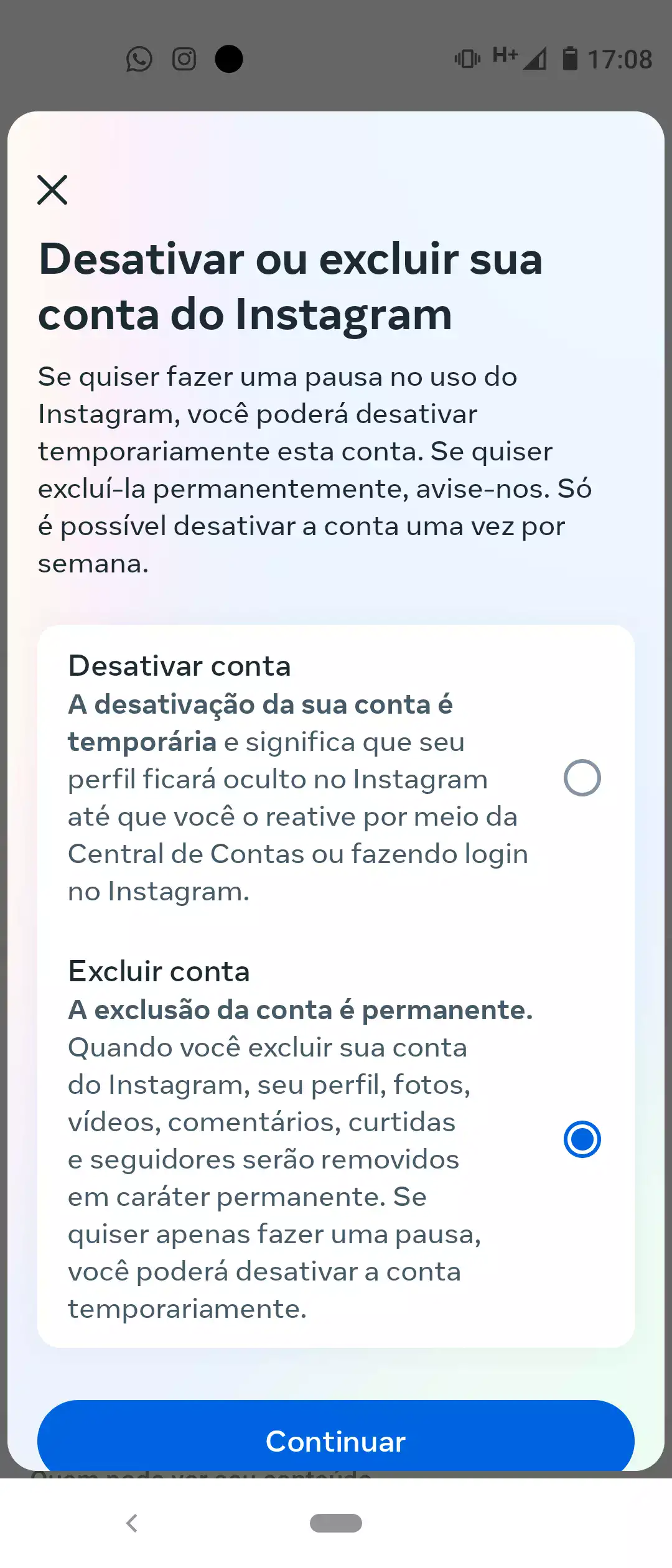 Captura de tela do menu de exclusão de conta do Instagram pelo aplicativo