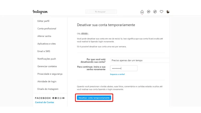 Tela de desavitar conta temporariamente no Instagram no navegador