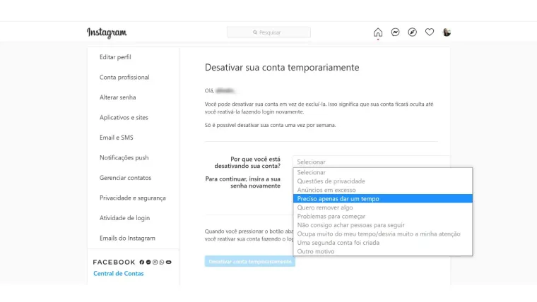 Tela de desativar conta do Instagram no navegador para PC