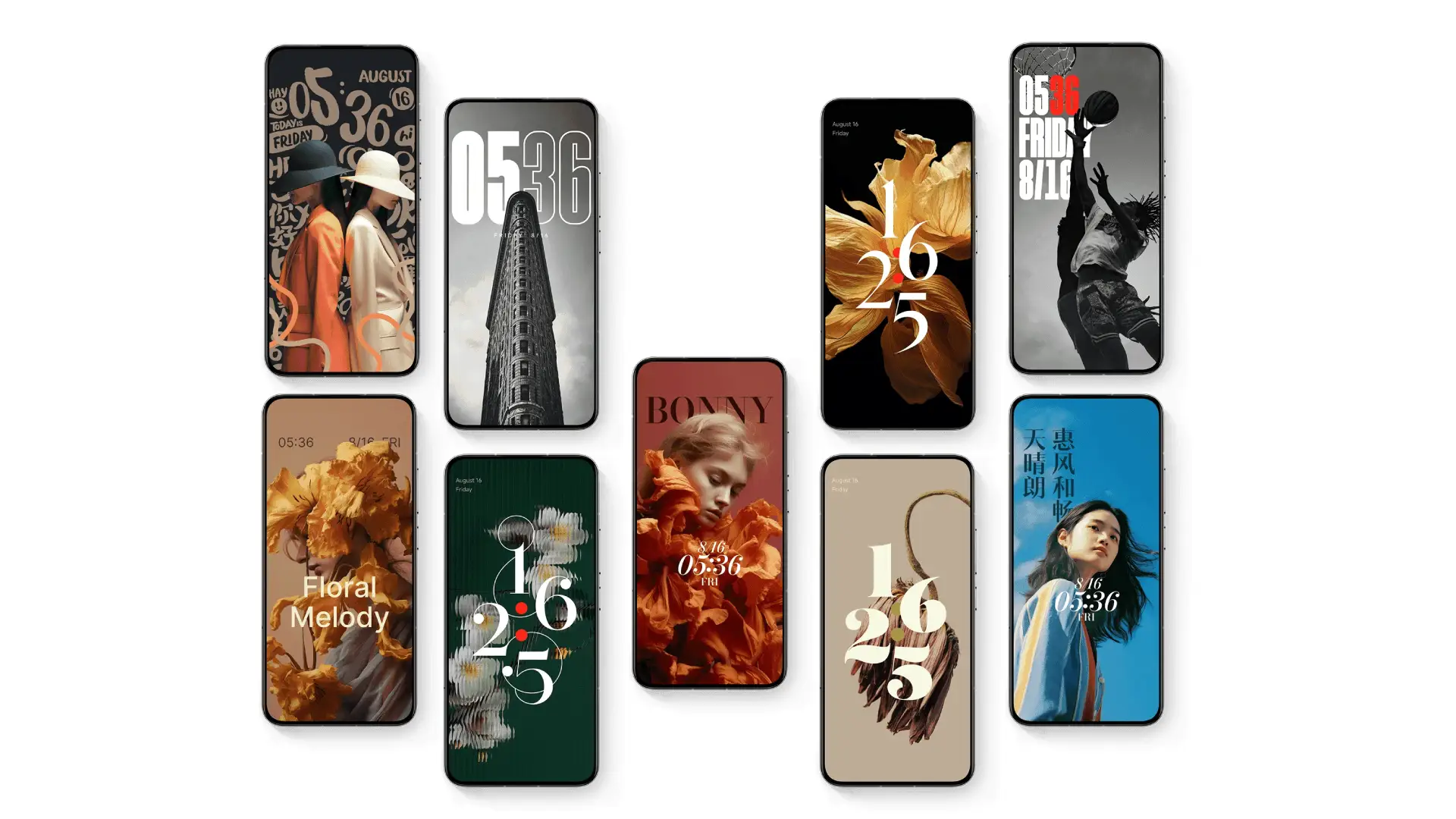 Vários celulares com HyperOS mostrando a nova tela de bloqueio